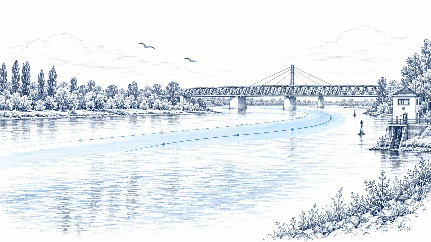 Illustratie van de Rijn bij Maxau, met de brug, het pegelhuis en een blauwe voorspellingslijn over het water.